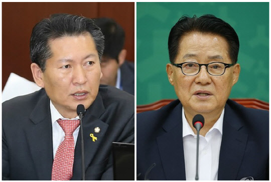 정청래(왼쪽) 더불어민주당 수석최고위원과 박지원 전 국가정보원장. <연합뉴스>